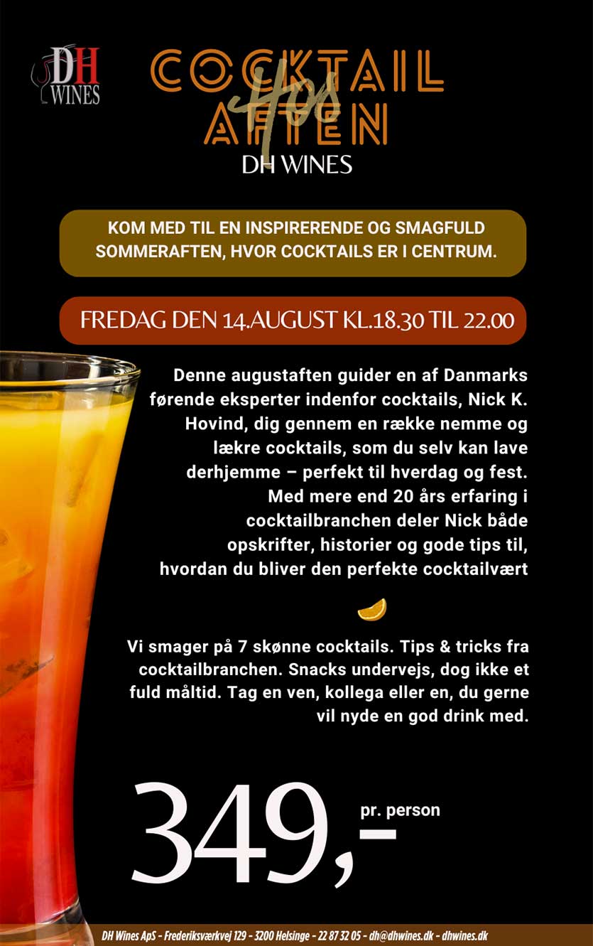 Cocktail-aften Hos   Wines 14 August    18 30-22 00 2026